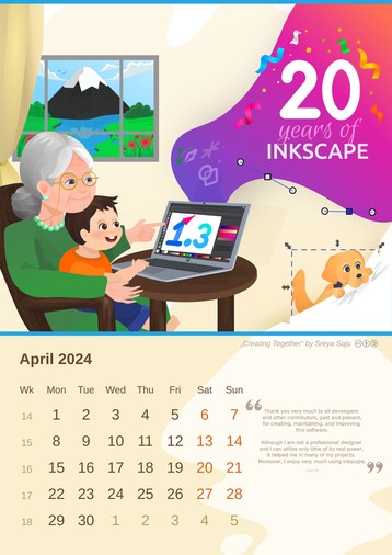Inkscape calendar April 2024: „Creating Together“ by Sreya Saju (License: CC-By-SA 4.0) – Preview